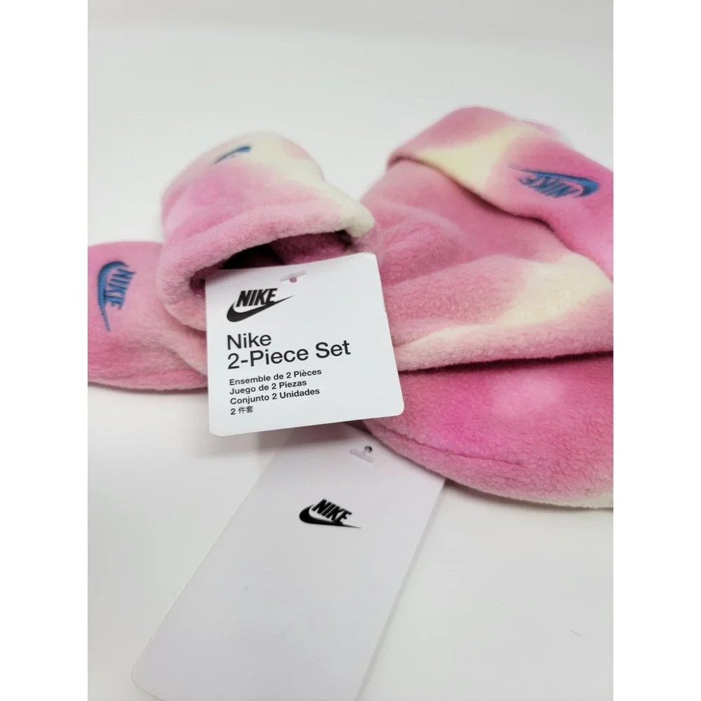 NWT Nike Fleece Trapper Style Hat Mittens Set Baby  12-24mth Pink Tie Dye Swoosh